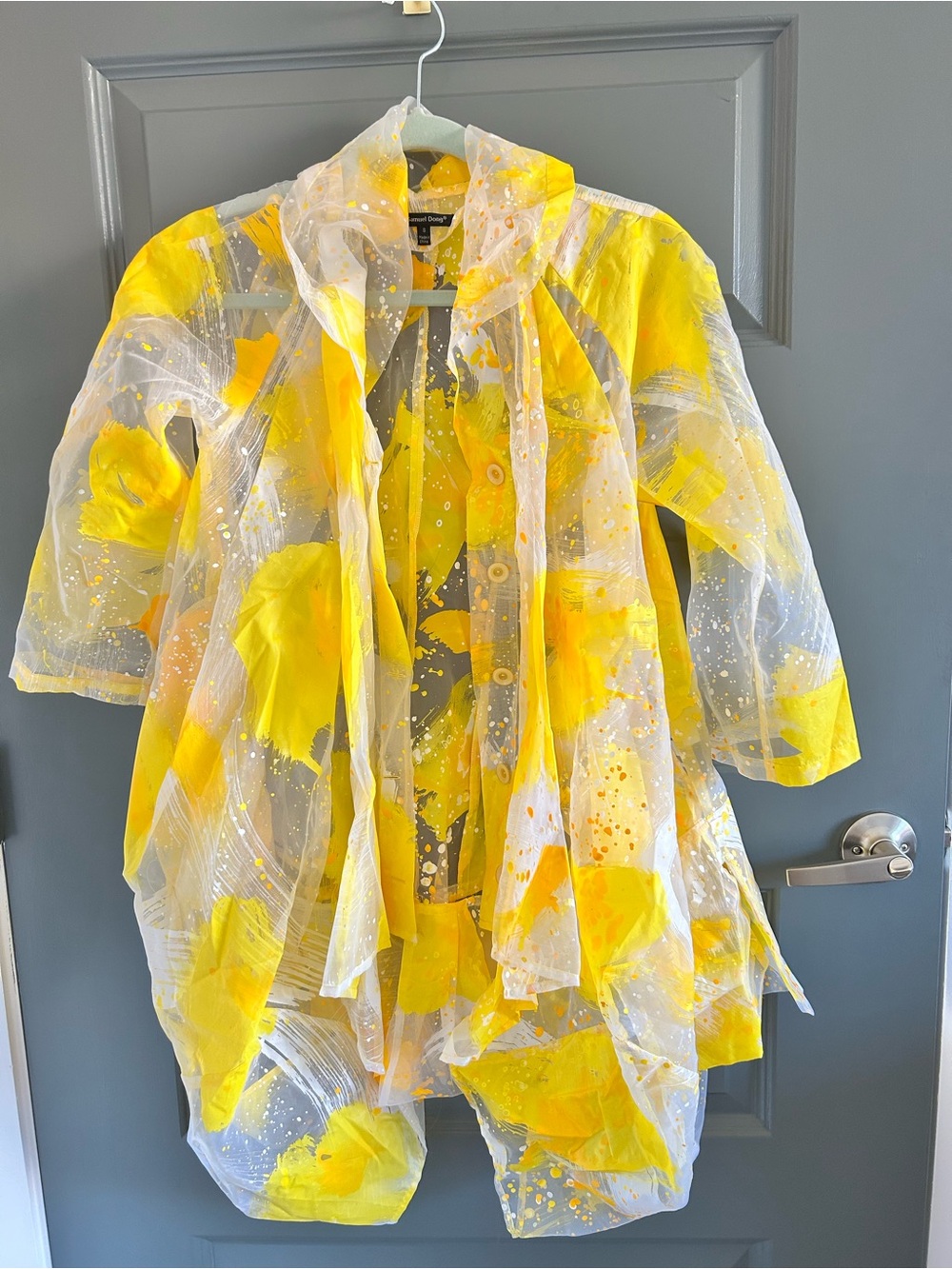 Samuel Dong Sheer Yellow Splash Paint Like Print Women's Coat